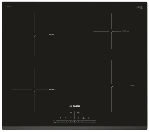 Индукционная варочная панель Bosch PIE631FB1E, Serie 6, 4 конфорки, сенсорное управление, черная, 17 ступеней мощности