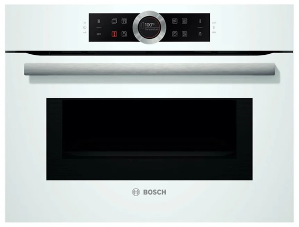 Компактный электрический духовой шкаф Bosch CMG633BW1, белый, Serie 8, переключатель Control Ring, 7 режимов, с СВЧ, традиционная очистка