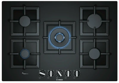 Встраиваемая газовая панель Bosch PPQ7A6B20, конфорок - 5 шт, решетки - чугун, панель - закаленное стекло, электроподжиг, газ-контроль, черный