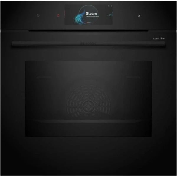 Духовой шкаф электрический встраиваемый Bosch HRG978NB1 Serie 8, чёрный, пиролитическая очистка, 71 л, 22 режима, с паром, телескопические направляющие
