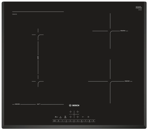 Индукционная варочная панель Bosch PVS651FC5E, Serie 6, 4 конфорки, черная, 17ступеней мощности, CombiZone