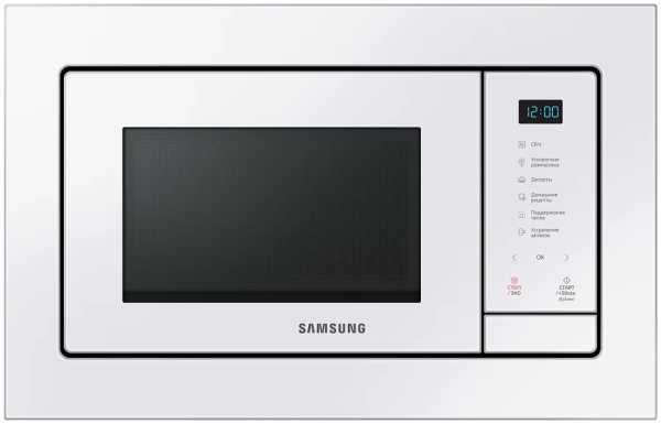 Встраиваемая микроволновая печь SAMSUNG MS23A7118AW/BW WHITE, управление механическое, ШxВxГ см 48.9 x 27.5 x 34.6,  21л,  количество уровней мощности 6