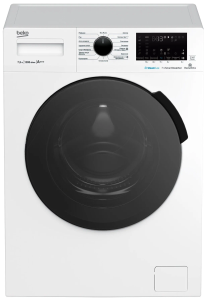 Стиральная машина Beko WSPE7H616W, белый/черный, с паром, 7.5кг, 1200об/мин, инверторная, 15 программ